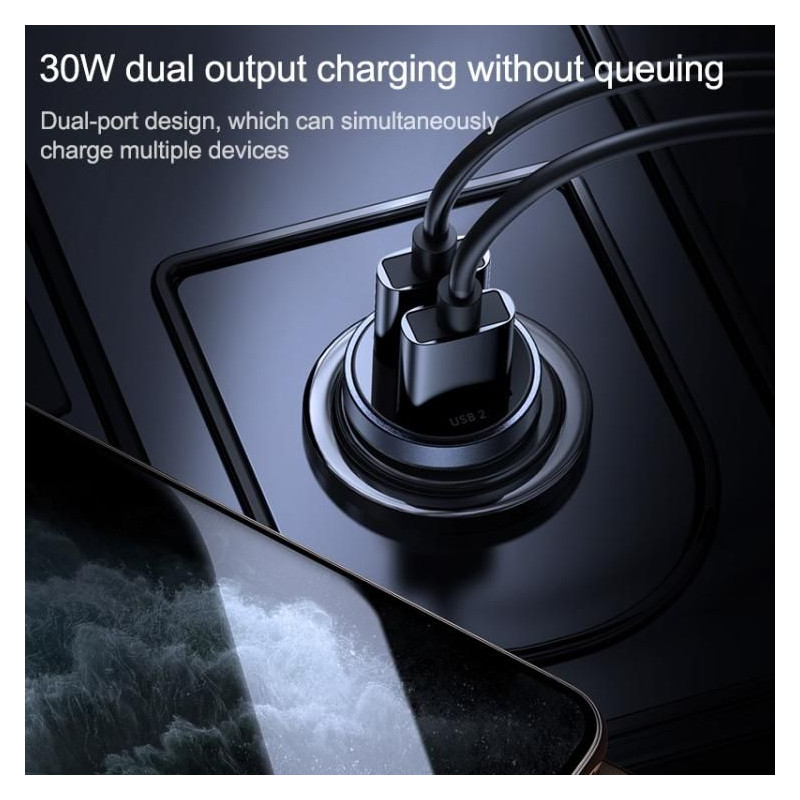 Mini greitas automobilinis įkroviklis 2x USB 30W QC SCP PD AFC juodas