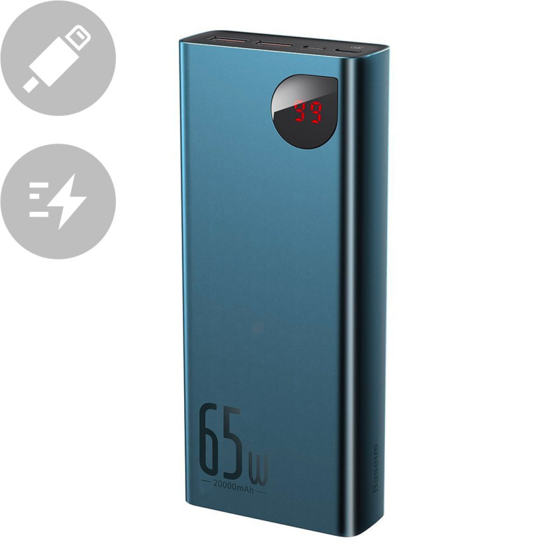 Adaman Power Bank 2x USB 1x USB-C 1x microUSB 20000mAh 65W Quick Charge mėlyna