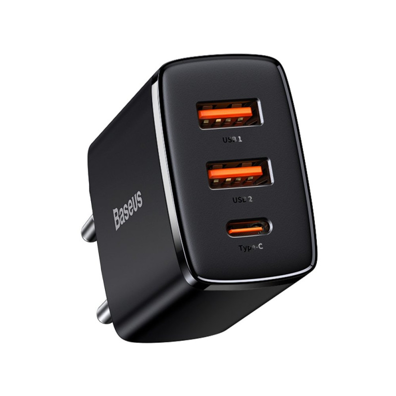 
Kompaktiškas greitas sieninis įkroviklis 2x USB USB-C 30W 3A PD QC juodas
