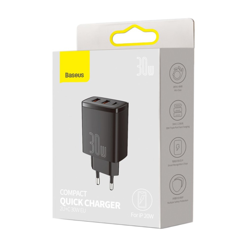 Kompaktiškas greitas sieninis įkroviklis 2x USB USB-C 30W 3A PD QC juodas