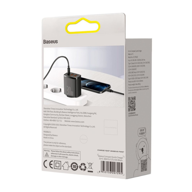 Kompaktiškas greitas sieninis įkroviklis 2x USB USB-C 30W 3A PD QC juodas