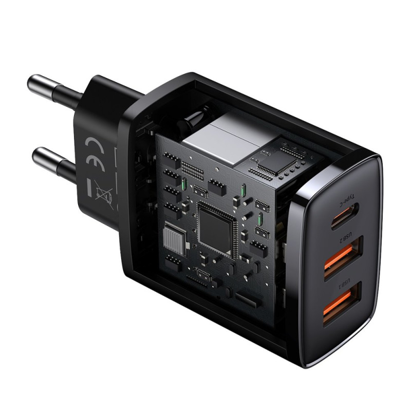 Kompaktiškas greitas sieninis įkroviklis 2x USB USB-C 30W 3A PD QC juodas
