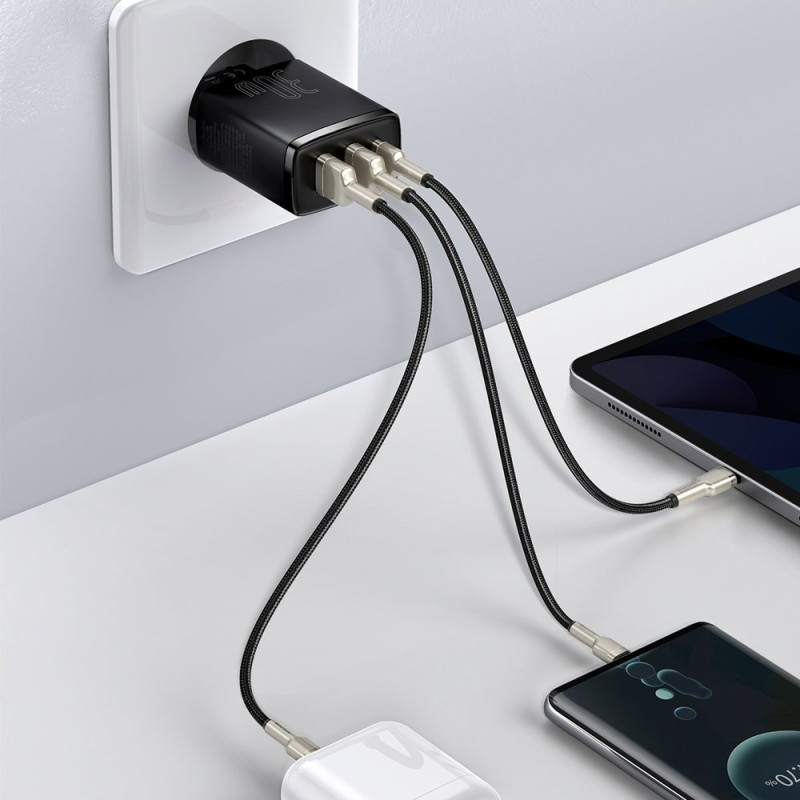 Kompaktiškas greitas sieninis įkroviklis 2x USB USB-C 30W 3A PD QC juodas