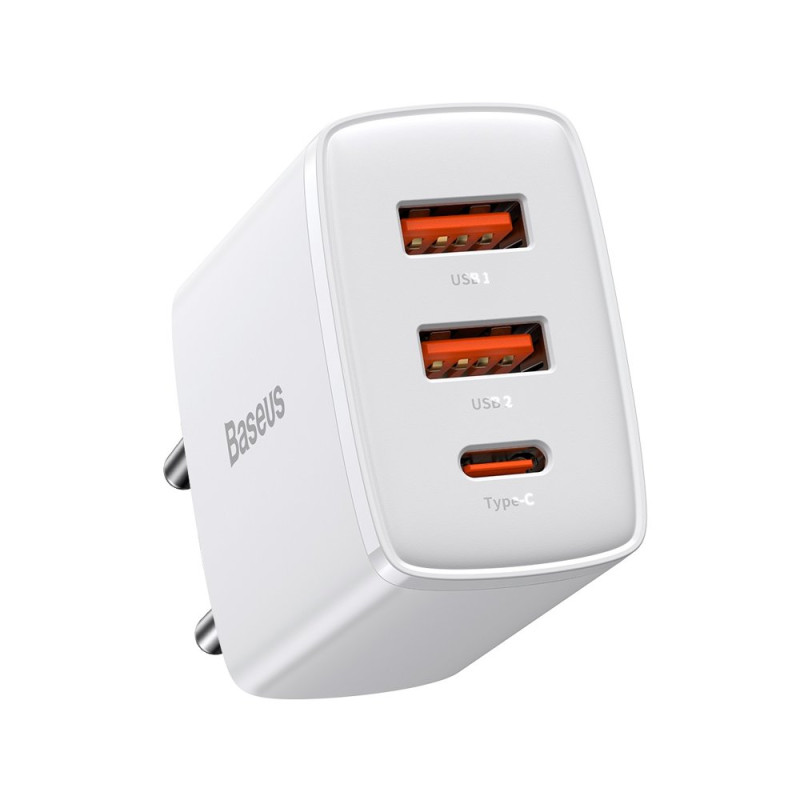 
Kompaktiškas greitas sieninis įkroviklis 2x USB USB-C 30W 3A PD QC balta

