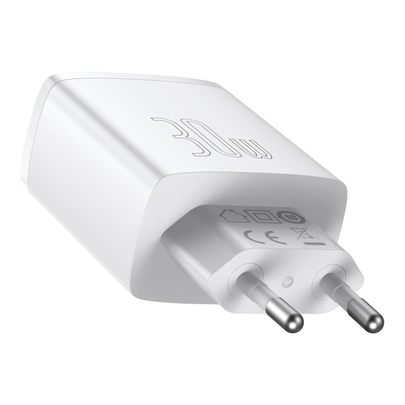 Kompaktiškas greitas sieninis įkroviklis 2x USB USB-C 30W 3A PD QC balta
