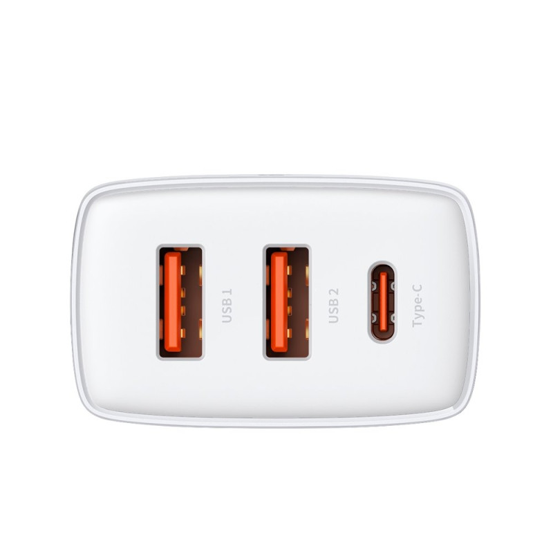 Kompaktiškas greitas sieninis įkroviklis 2x USB USB-C 30W 3A PD QC balta