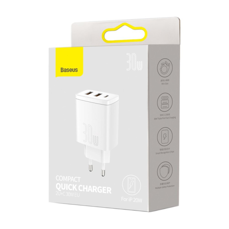 Kompaktiškas greitas sieninis įkroviklis 2x USB USB-C 30W 3A PD QC balta