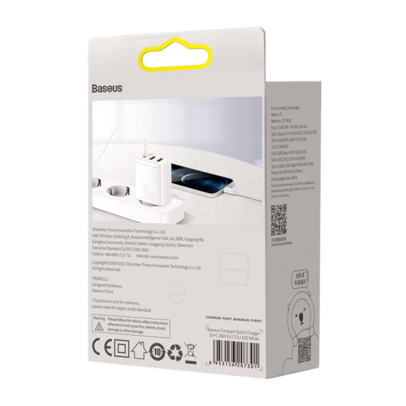 Kompaktiškas greitas sieninis įkroviklis 2x USB USB-C 30W 3A PD QC balta