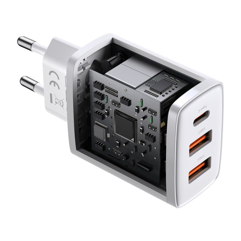 Kompaktiškas greitas sieninis įkroviklis 2x USB USB-C 30W 3A PD QC balta