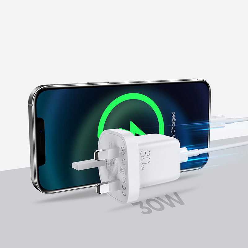 Sieninis telefono įkroviklis USB-C USB 30W PD QC 4.5A Anglų UK Kištukas Baltas