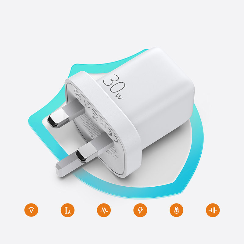 Sieninis telefono įkroviklis USB-C USB 30W PD QC 4.5A Anglų UK Kištukas Baltas