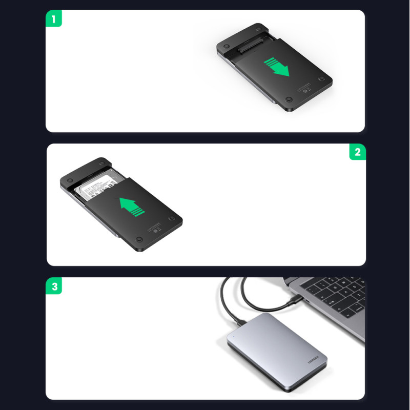 Kišeninis dėklas 2,5 colio SATA 3,0 6Gbps kietajam diskui + USB - USB-C laidas, 0,5 m pilkas