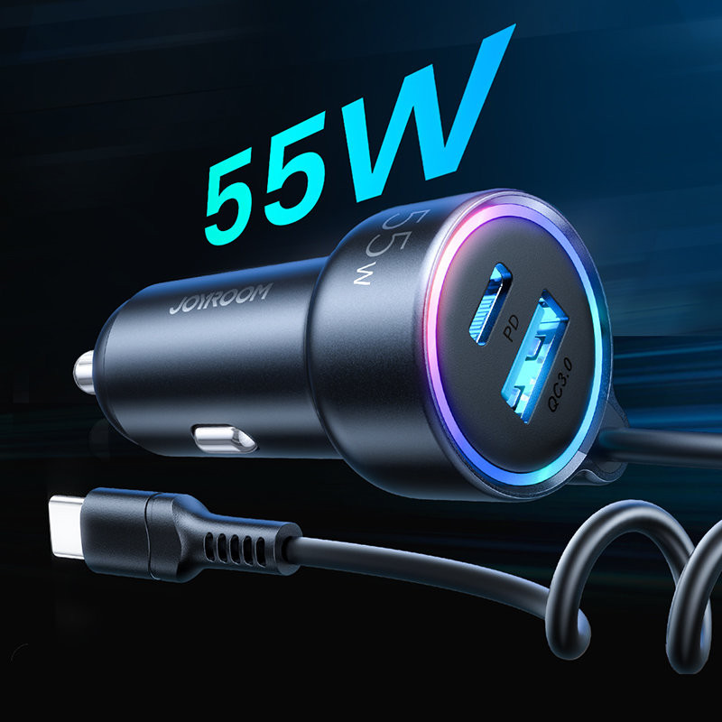 Greitas automobilinis įkroviklis 3 viename su USB-C laidu 1,5 m 55 W juodas