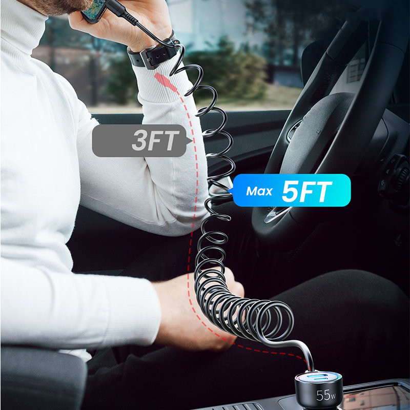 Greitas automobilinis įkroviklis 3 viename su USB-C laidu 1,5 m 55 W juodas