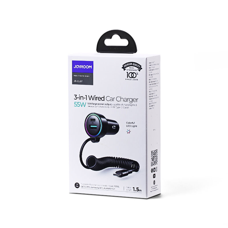 Greitas automobilinis įkroviklis 3 viename su USB-C laidu 1,5 m 55 W juodas