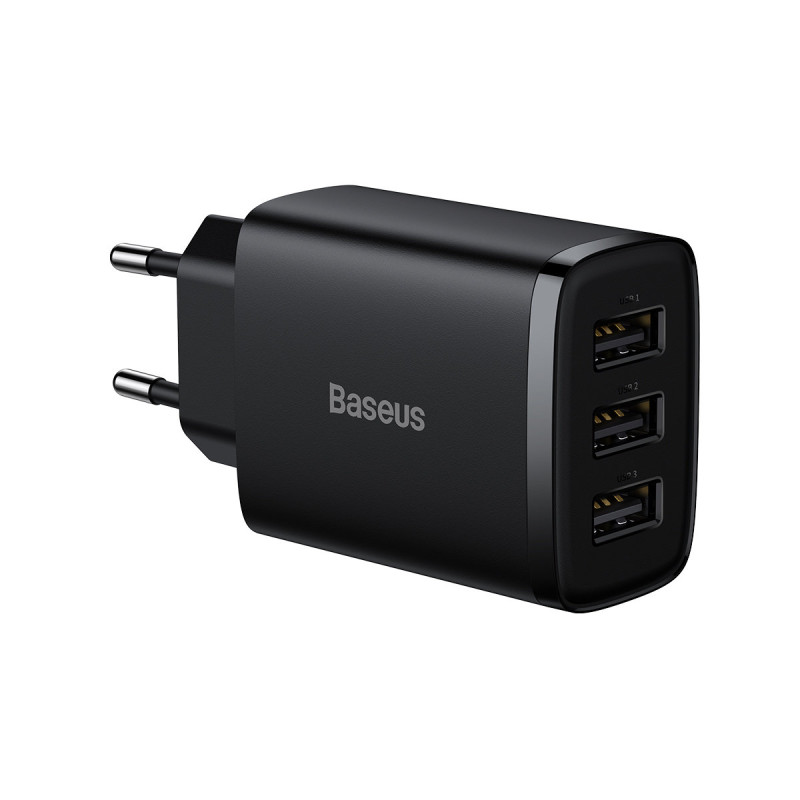 
Kompaktiškas 3x USB 17W sieninis įkroviklis, juodas
