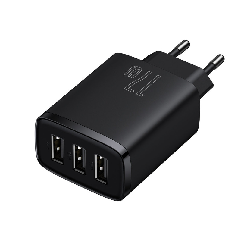 Kompaktiškas 3x USB 17W sieninis įkroviklis, juodas