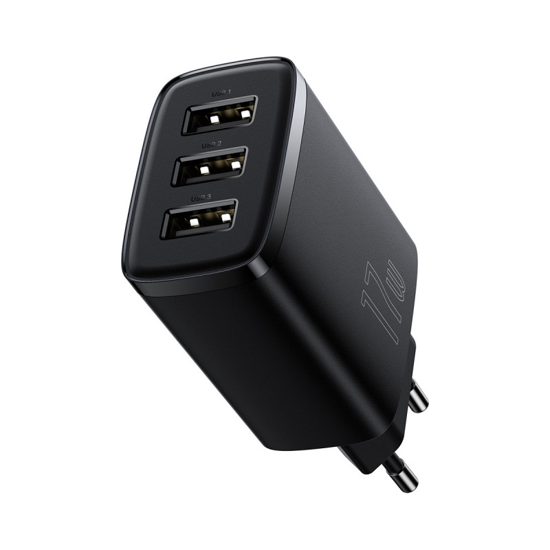 Kompaktiškas 3x USB 17W sieninis įkroviklis, juodas
