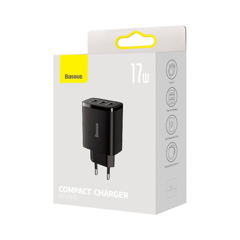 Kompaktiškas 3x USB 17W sieninis įkroviklis, juodas