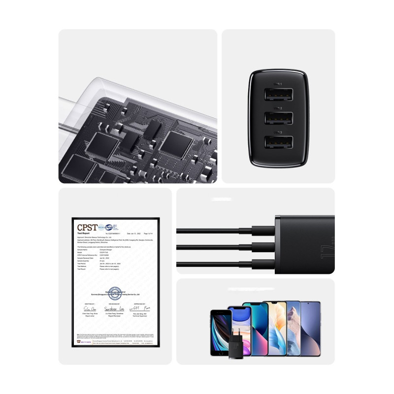 Kompaktiškas 3x USB 17W sieninis įkroviklis, juodas