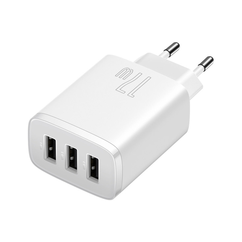 Kompaktiškas 3x USB 17W sieninis įkroviklis, baltas