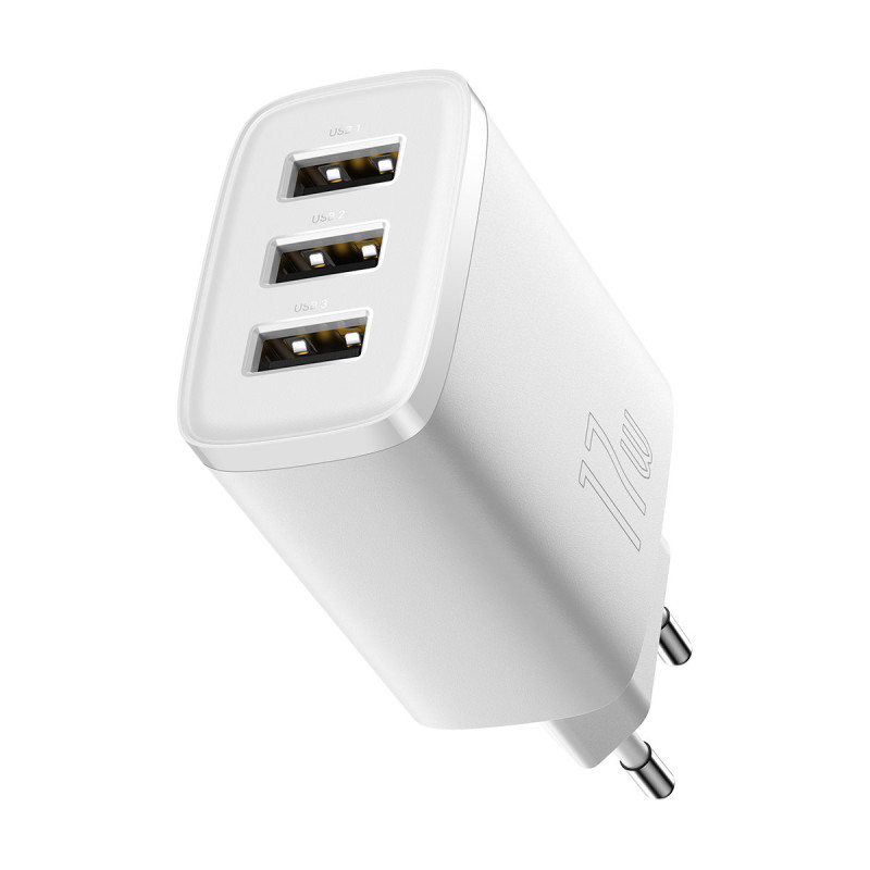 Kompaktiškas 3x USB 17W sieninis įkroviklis, baltas