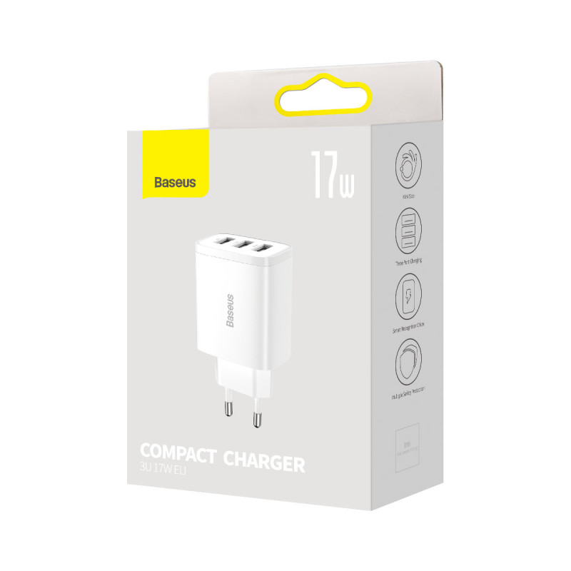 Kompaktiškas 3x USB 17W sieninis įkroviklis, baltas