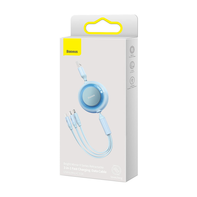 3in1 laidas su įtraukikliu USB microUSB Apple USB-C 3.5A 1.1m mėlynas