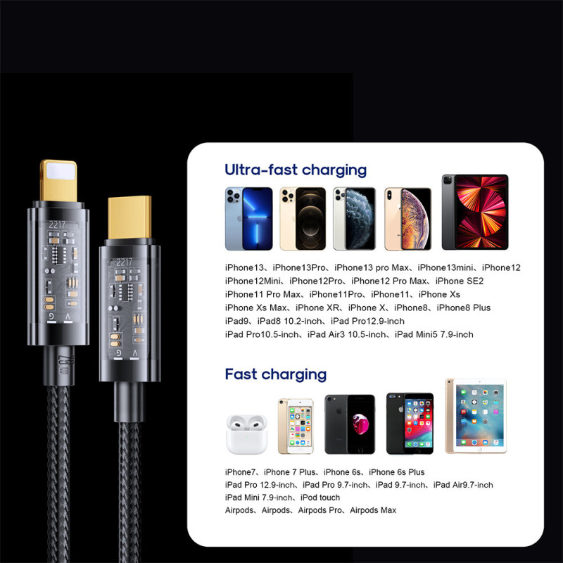 Pintas kabelis iPhone USB-C - Lightning PD 20W 2m juodas