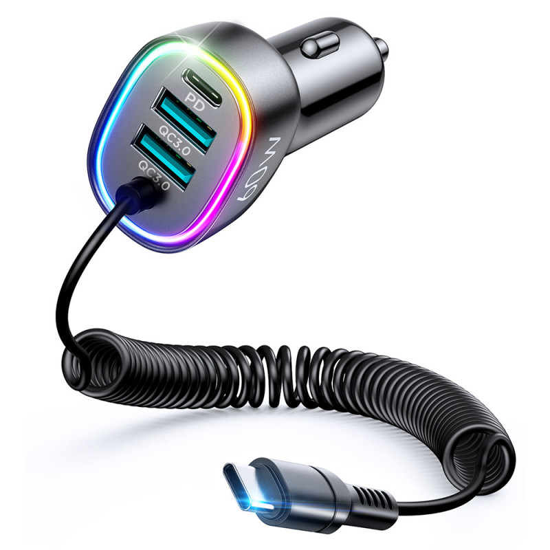 
Greitas automobilinis įkroviklis 4in1 PD QC AFC FCP + 60W USB-C laidas 1,6m juodas
