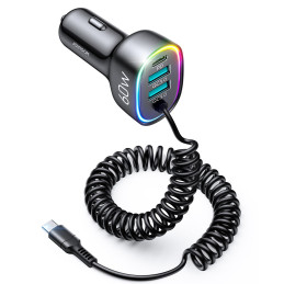 
Greitas automobilinis įkroviklis 4in1 PD QC AFC FCP + 60W USB-C laidas 1,6m juodas
