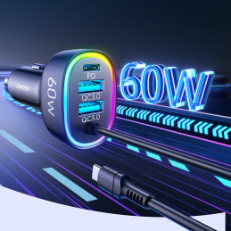 
Greitas automobilinis įkroviklis 4in1 PD QC AFC FCP + 60W USB-C laidas 1,6m juodas
