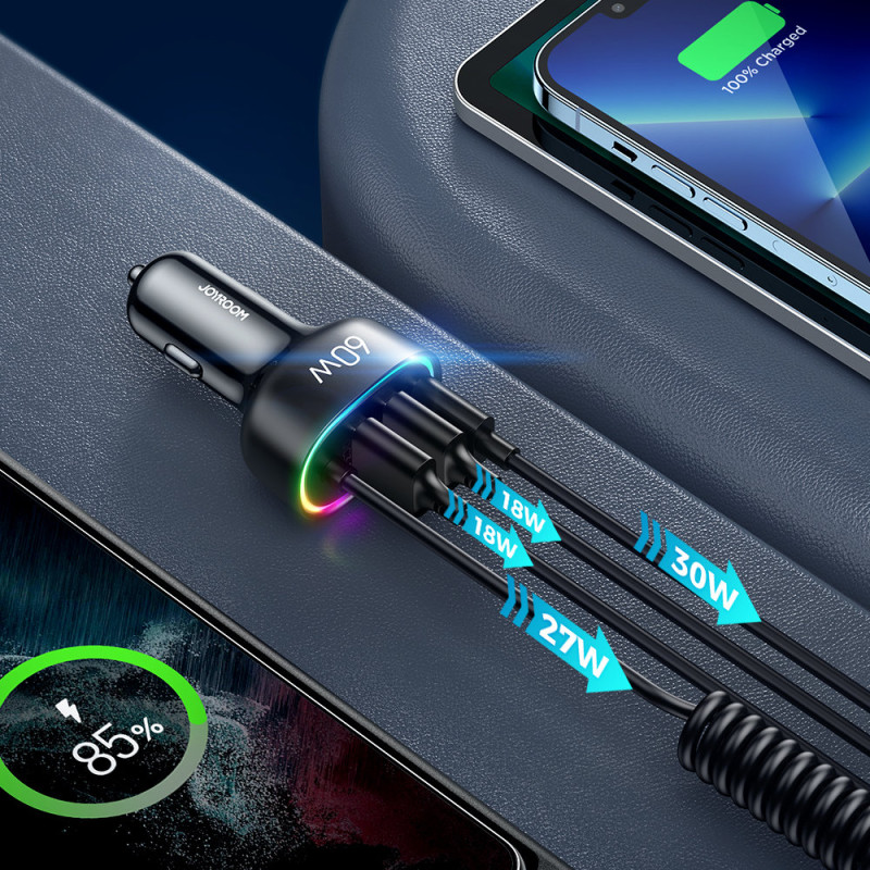 
Greitas automobilinis įkroviklis 4in1 PD QC AFC FCP + 60W USB-C laidas 1,6m juodas
