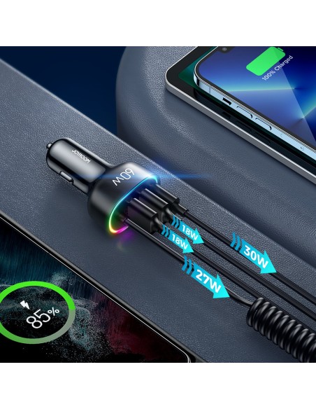 
Greitas automobilinis įkroviklis 4in1 PD QC AFC FCP + 60W USB-C laidas 1,6m juodas
