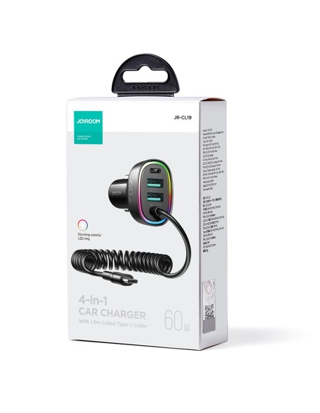 
Greitas automobilinis įkroviklis 4in1 PD QC AFC FCP + 60W USB-C laidas 1,6m juodas
