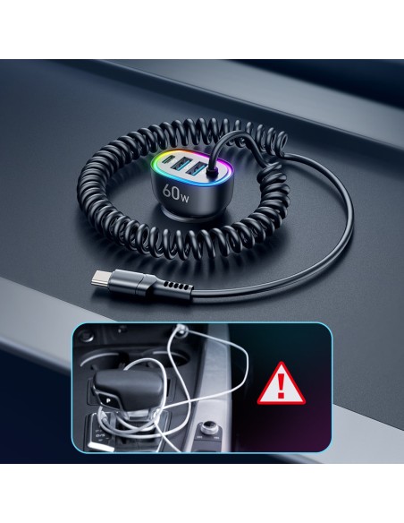 
Greitas automobilinis įkroviklis 4in1 PD QC AFC FCP + 60W USB-C laidas 1,6m juodas
