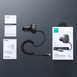 
Greitas automobilinis įkroviklis 4in1 PD QC AFC FCP + 60W USB-C laidas 1,6m juodas
