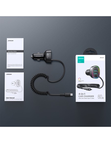 
Greitas automobilinis įkroviklis 4in1 PD QC AFC FCP + 60W USB-C laidas 1,6m juodas
