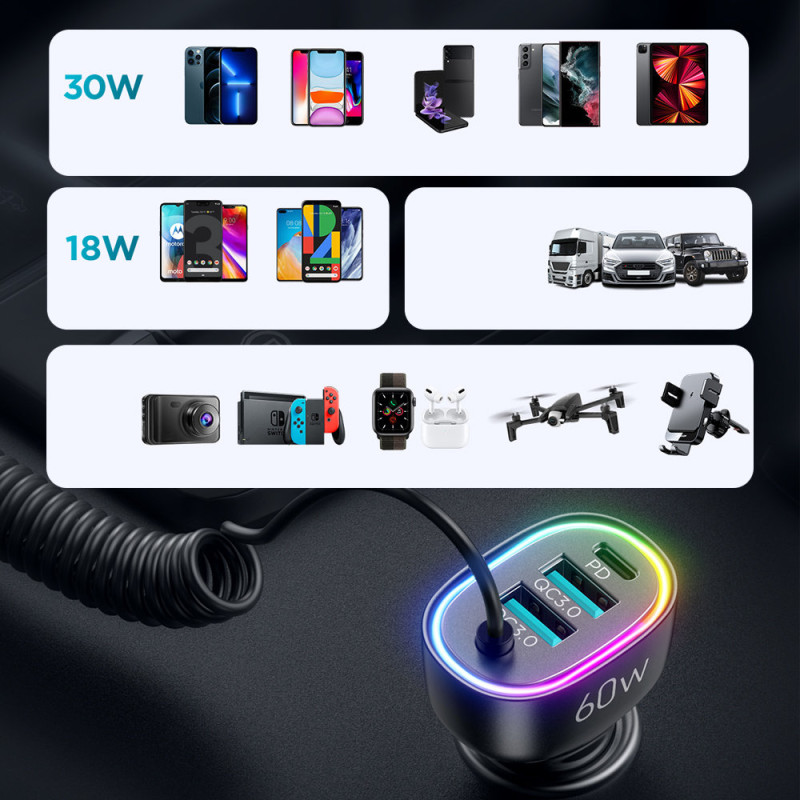 
Greitas automobilinis įkroviklis 4in1 PD QC AFC FCP + 60W USB-C laidas 1,6m juodas
