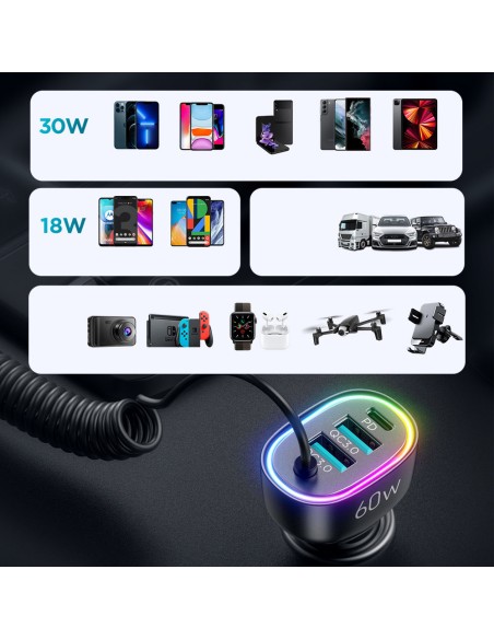 
Greitas automobilinis įkroviklis 4in1 PD QC AFC FCP + 60W USB-C laidas 1,6m juodas
