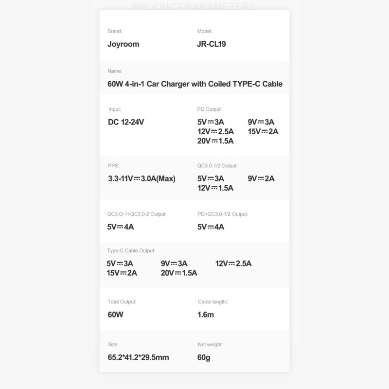 
Greitas automobilinis įkroviklis 4in1 PD QC AFC FCP + 60W USB-C laidas 1,6m juodas
