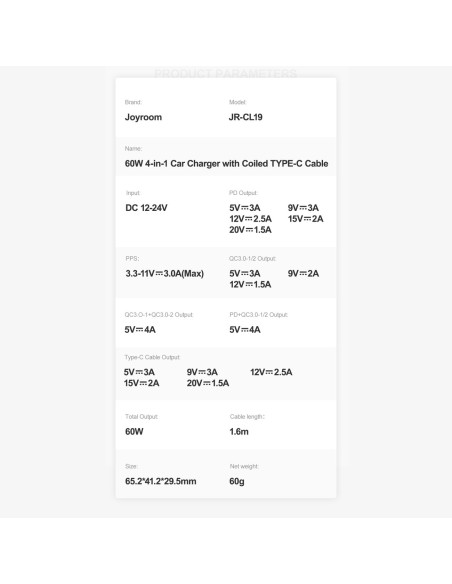 
Greitas automobilinis įkroviklis 4in1 PD QC AFC FCP + 60W USB-C laidas 1,6m juodas
