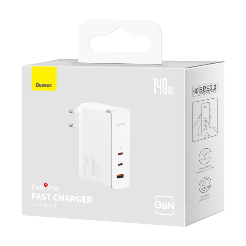 GaN5 Pro greitas įkroviklis 2x USB-C + USB 140W baltas