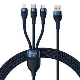 
3 viename laidas greito įkrovimo laidas USB-A į USB-C microUSB Lightning 66W 480Mb/ s 1,2m mėlynas
