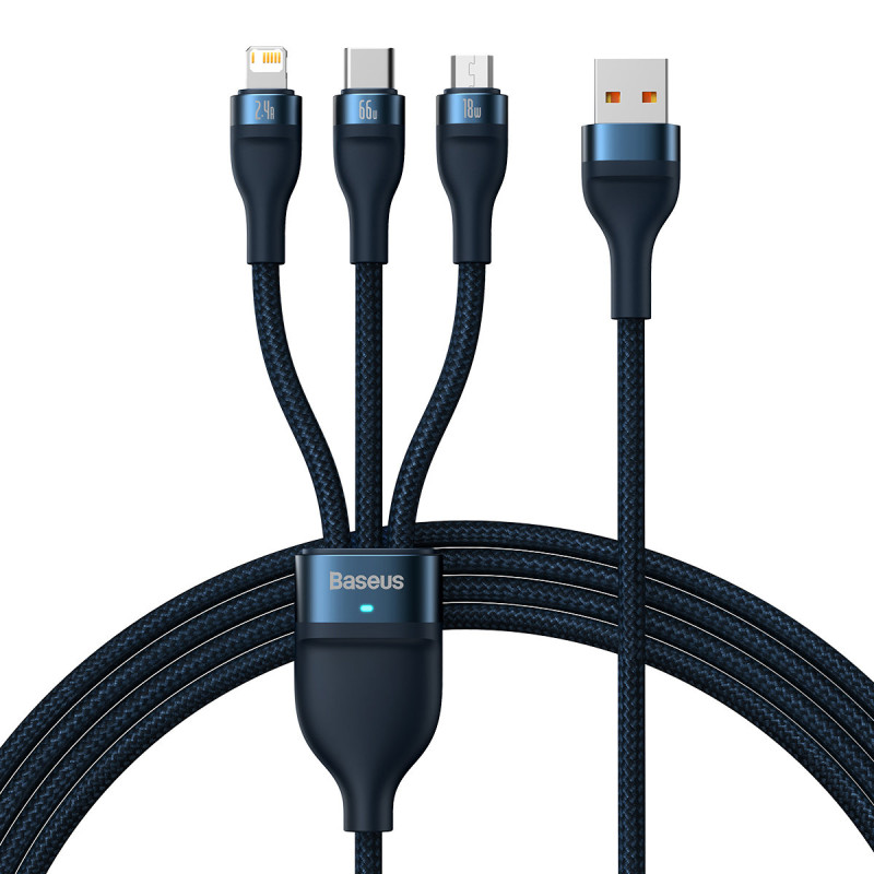 
3 viename laidas greito įkrovimo laidas USB-A į USB-C microUSB Lightning 66W 480Mb/ s 1,2m mėlynas
