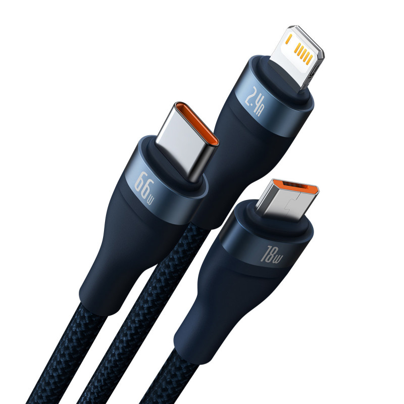 3 viename laidas greito įkrovimo laidas USB-A į USB-C microUSB Lightning 66W 480Mb/ s 1,2m mėlynas