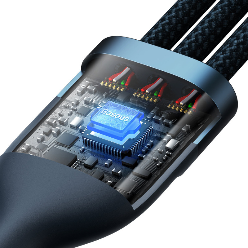 3 viename laidas greito įkrovimo laidas USB-A į USB-C microUSB Lightning 66W 480Mb/ s 1,2m mėlynas