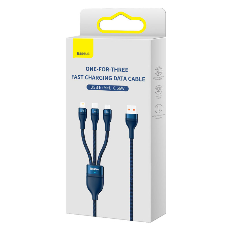 3 viename laidas greito įkrovimo laidas USB-A į USB-C microUSB Lightning 66W 480Mb/ s 1,2m mėlynas