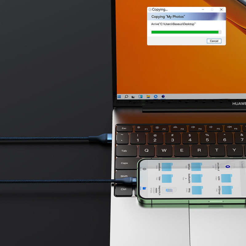 3 viename laidas greito įkrovimo laidas USB-A į USB-C microUSB Lightning 66W 480Mb/ s 1,2m mėlynas
