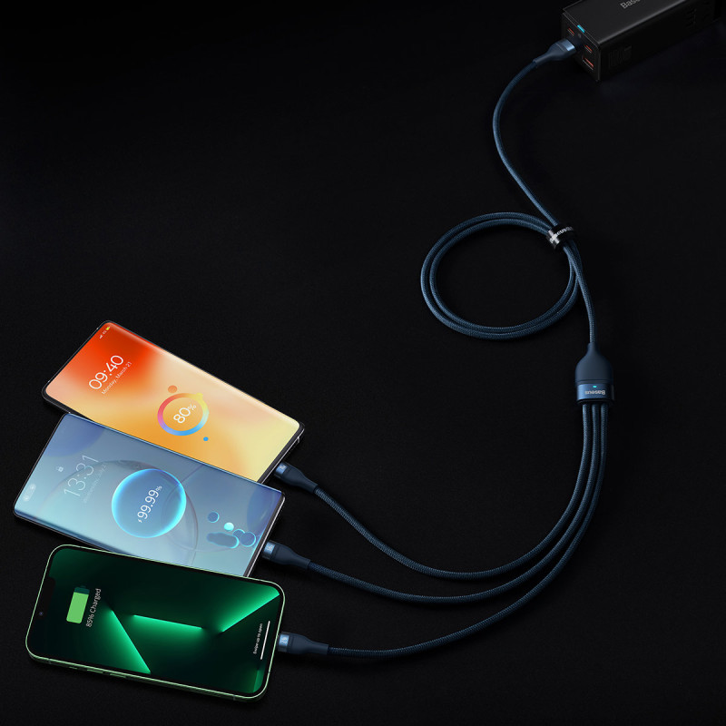 3 viename laidas greito įkrovimo laidas USB-A į USB-C microUSB Lightning 66W 480Mb/ s 1,2m mėlynas